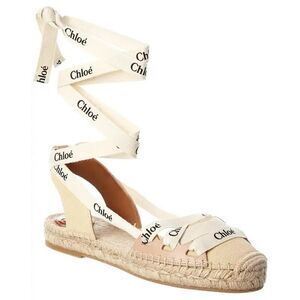 Chloe Beige/White Leather Canvas Espadrille Ankle Wrap Ingrid Flats sz 37/6.5